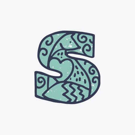 S letter logo with an arctic fox in the Nordic folk art style in the background. Scandinavian font for Christmas cards, retro posters, historical banners, cute decorative prints on T-shirts.のイラスト素材