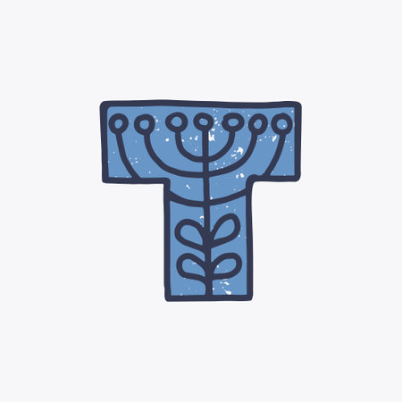 T letter logo with a flower in the Nordic folk art style in the background. Scandinavian font for Christmas cards, retro posters, historical banners, cute decorative prints on T-shirts.のイラスト素材