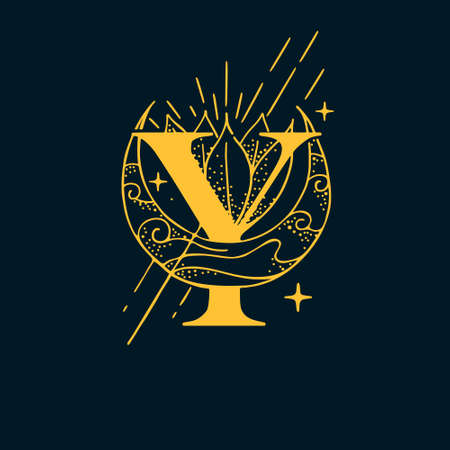 Y letter logo in the astrological style. Hand drawn monogram for magic postcards, medieval style posters, esoteric advertise, luxury ornate T-shirts.のイラスト素材