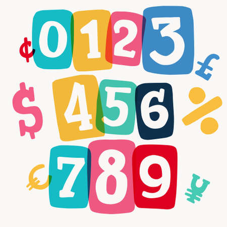 Numbers set typewriter-inspired with bold slab serif symbols in colorful frames. Hand-drawn style...