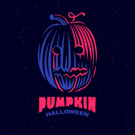 Halloween pumpkin with smile retro engraved label. Classic vector emblem on dark background.のイラスト素材