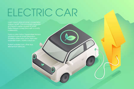 Horizontal banner with the electric car at charging station in lightning shape. Eco-friendly art. Vector illustration in vivid isometric style.のイラスト素材