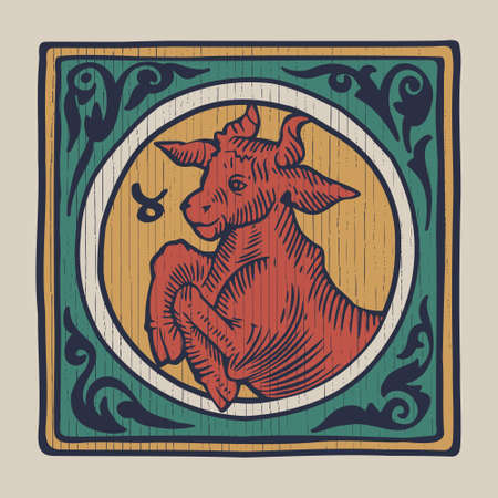 Bull zodiac medieval-style illustration. Dim colored square emblem perfect for T-shirts, retro manuscripts, and invitations.のイラスト素材