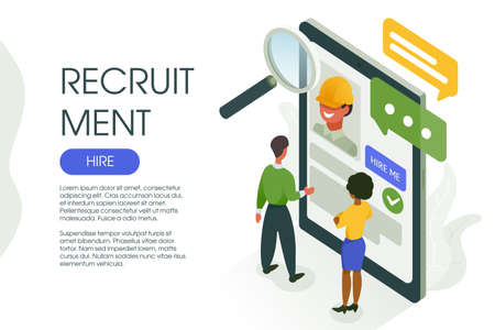 Human resource hiring a blue-collar worker online. Choosing the best candidate for a job in social networks. Isometric vector illustration with the recruitment process.のイラスト素材