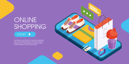 Online shopping and e-commerce sales modern isometric banner. Sneakers, shopping bag, card, and t-shirt on the phone. Flat illustration of digital marketing.のイラスト素材