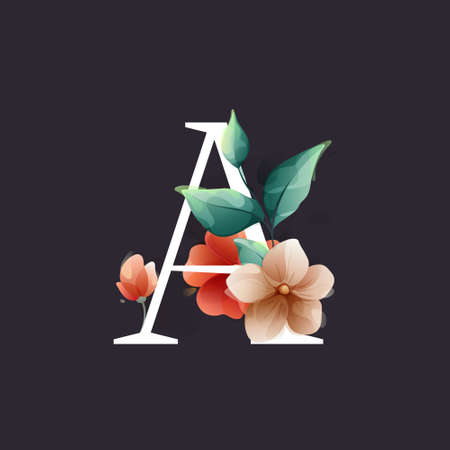 A letter logo in watercolor style with flowers and leaves. Herbs like peonies, and chamomile, and buds. Perfect for wedding invitations, vintage arrangements, and classic decoration.のイラスト素材