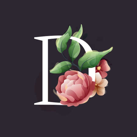 D etter  in watercolor style with flowers and leaves. Herbs like peonies, and chamomile, and buds. Perfect for wedding invitations, vintage arrangements, and classic decoration.のイラスト素材