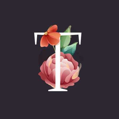 T letter  in watercolor style with flowers and leaves. Herbs like peonies, and chamomile, and buds. Perfect for wedding invitations, vintage arrangements, and classic decoration.のイラスト素材
