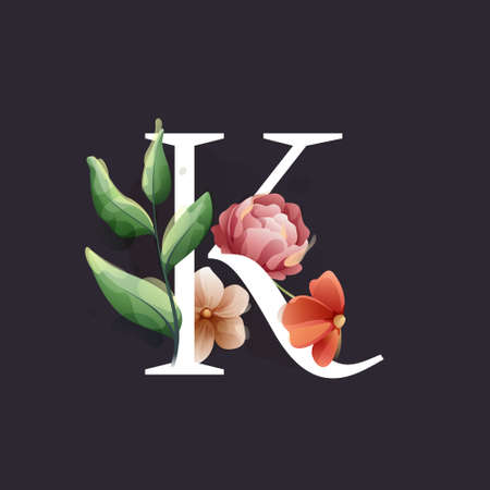 K letter logo in watercolor style with flowers and leaves. Herbs like peonies, and chamomile, and buds. Perfect for wedding invitations, vintage arrangements, and classic decoration.のイラスト素材