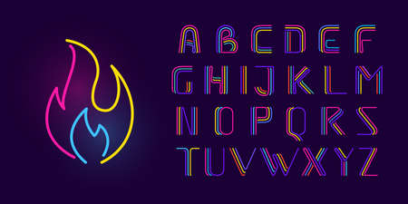 Alphabet is made of three neon lines. Vector font with glowing effect. Perfect for casino identity, vivid sale emblem, sale banner, and futuristic posters.のイラスト素材