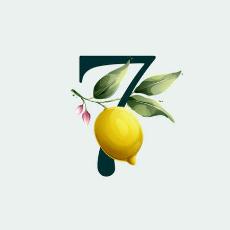 Number seven with lemons in vector watercolor style. Illustration of green leaves, flowers, buds, and branches. Citrus fruit slices and splashing juice arrangements.のイラスト素材