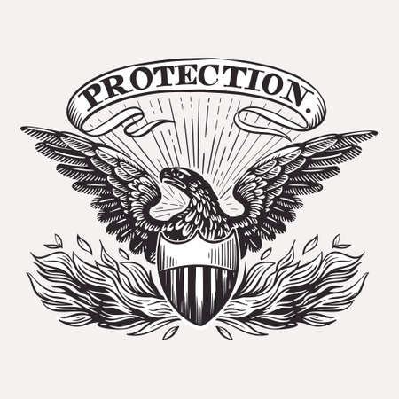 Vector eagle emblem with shield, fire, and ribbon. Illustration of US history and 4th of July celebration in engraving style. Perfect for independence day cards, invitations, banners.のイラスト素材