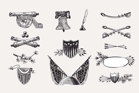 Vector clipart with American flags, bell, cannon, ribbon, saber, and shields. Illustration of US history and 4th of July in engraving style. Perfect for independence day cards, invitations, banners.のイラスト素材