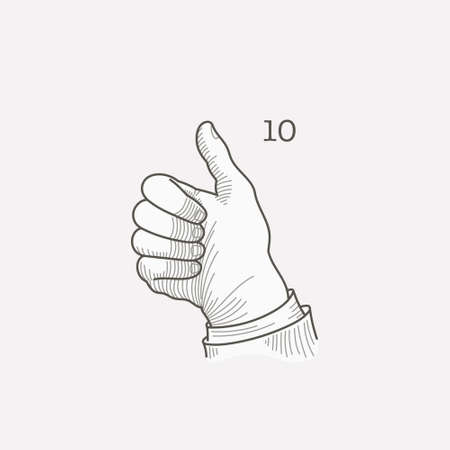 Number ten logo in a deaf-mute hand gesture alphabet. Hand-drawn engraving style vector American sign language illustration.のイラスト素材