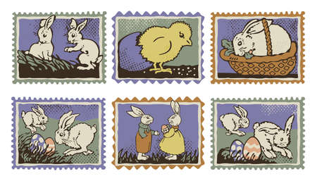 Easters postage stamps set with rabbits, chickens, and colored eggs. Dim colored vintage style with grunge texture. Vector postmark for greeting cards, posters, invitations, etc.のイラスト素材