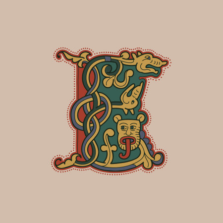 Medieval initial E letter made of twisted lion, beast, and spiral pattern. Ornamental type for history identity, ethnic prints, tribal posters, etc.のイラスト素材