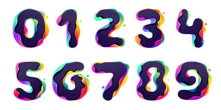 Numbers set with hologram glitch. Multicolor gradient icons with color shift and illusion effect. Vector font perfect for your vibrant nightlife labels, video game screens, colorful identity.のイラスト素材