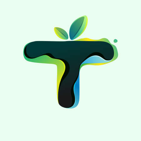 T letter eco logo with green leaves in hologram glitch style. Environment friendly icon with color shift and illusion effect. Vector element for waste recycling identity, natural theme presentation.のイラスト素材