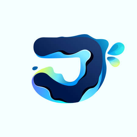 J letter eco logo with blue dew drops in hologram glitch style. Environment friendly icon with color shift and illusion effect. Vector idea for waste recycling identity or organic merchandise.のイラスト素材