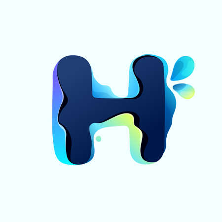 H letter eco logo with blue dew drops in hologram glitch style. Environment friendly icon with color shift and illusion effect. Vector idea for waste recycling identity or organic merchandise.のイラスト素材