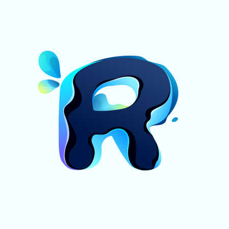 R letter eco logo with blue dew drops in hologram glitch style. Environment friendly icon with color shift and illusion effect. Vector idea for waste recycling identity or organic merchandise.のイラスト素材