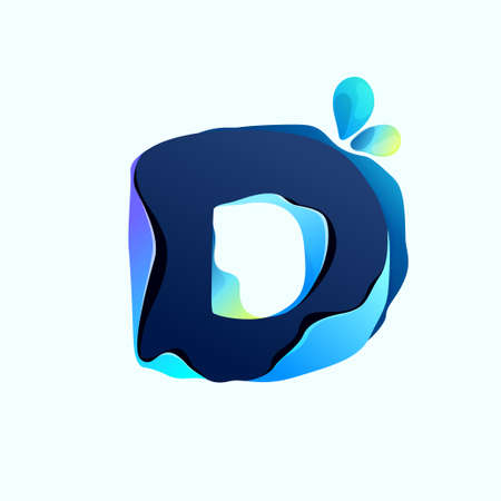 D letter eco logo with blue dew drops in hologram glitch style. Environment friendly icon with color shift and illusion effect. Vector idea for waste recycling identity or organic merchandise.のイラスト素材
