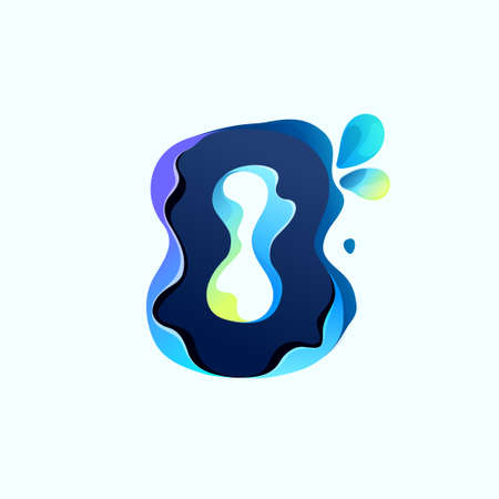 Number eight logo with blue dew drops in hologram glitch style. Environment friendly icon with color shift and illusion effect. Vector idea for waste recycling identity or organic merchandise.のイラスト素材