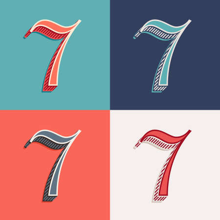Number seven logo in classic three-dimensional, elegant retro style. Perfect for creating classical printing, retro design, clothing embroidery, product packaging, vintage header, luxury identity.のイラスト素材