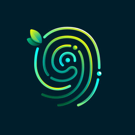 Number nine eco logo made of fingerprint. Gradients icon with green leaves and dew drops. Perfect for online payment art, biometric design, agriculture advertising, pure food packaging.のイラスト素材