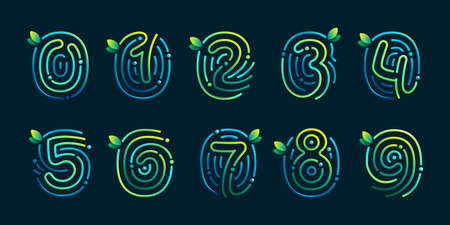 Eco numbers set made of fingerprint. Gradients icons with green leaves and dew drops. Perfect for...