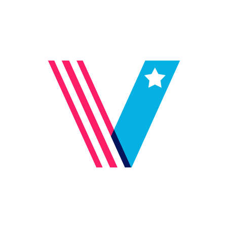 V letter logo made of American Stars and Stripes flag. Vector font for US history and 4th of July celebration in flat style. Perfect for Independence Day cards, invitations, banners.のイラスト素材