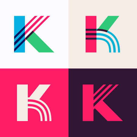K letter logo set made of overlapping lines. Perfect for applique art, children design, vibrant advertising, mosaic packaging, pattern identity.のイラスト素材