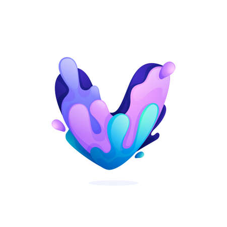 V letter logo with water waves and drops. Pure blue gradient font style. Vector design template elements for your ecology application, waste recycling identity, spa posters or mineral water branding.のイラスト素材