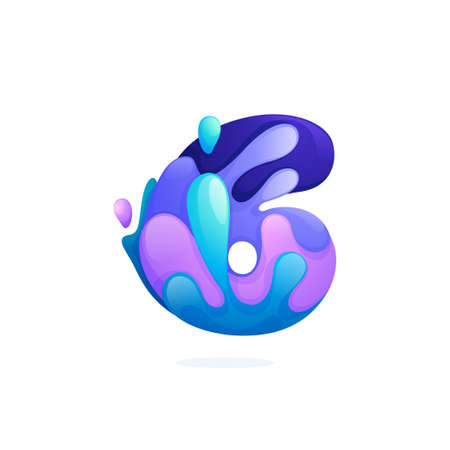 Number six logo with water waves and drops. Pure blue gradient font style. Vector icon for your ecology application, waste recycling identity, spa posters or mineral water branding.のイラスト素材
