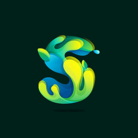 S letter eco logo made of green and blue splashes, pure water waves and dew drops with fresh leaves. Wildlife rescue icon with glow and gradients. Perfect for agriculture art, food healthy packaging.のイラスト素材
