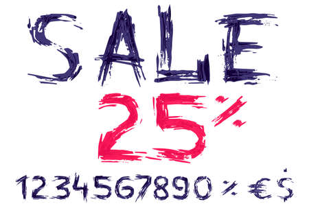 Sale lettering with numbers set, percent, dollar sign. Rough strokes style, hand drawn with dry brush. Perfect for Special offer banner, Black Friday advertising, discount flyers, and Super promo tag.のイラスト素材