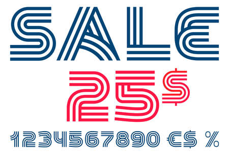 Sale lettering with numbers set, percent, dollar sign. Retro art made of three parallel lines. Perfect for Special offer banner, Black Friday advertising, discount flyer, and Super promo advertising.のイラスト素材