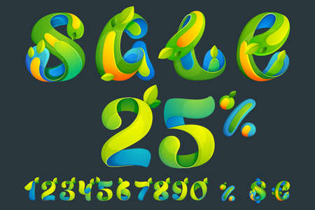 Sale lettering with numbers set, percent, and dollar sign. Ecology template with green leaves and dew drops. Perfect for Special offer banner, Black Friday advertising, discount flyers, and promo tag.のイラスト素材
