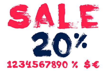 Sale lettering with numbers set, percent, dollar sign. Hand drawn dry brush. Perfect for Special offer banner, Black Friday advertising, discount flyer, and Super promo advertising.のイラスト素材