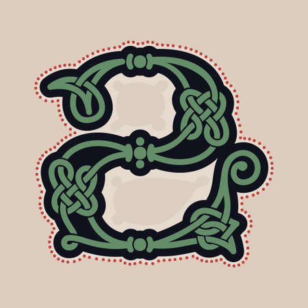 Number two logo with Celtic knots, spiral lines, and red dots. Dim colored medieval initial. Perfect icon for ancient identity, Middle Ages print, barbarian posters, and heraldic monograms.のイラスト素材