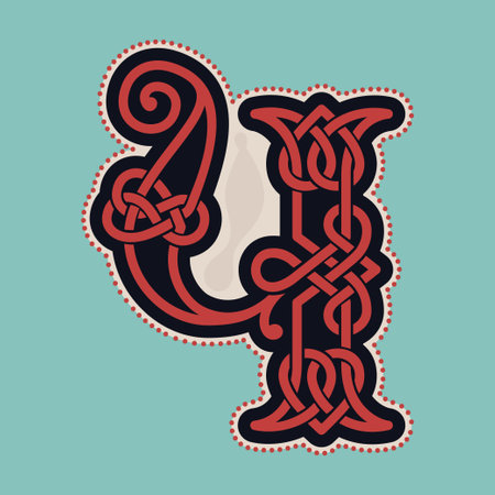 Number four logo with Celtic knots, spiral lines, and red dots. Dim colored medieval initial. Perfect icon for ancient identity, Middle Ages print, barbarian posters, and heraldic monograms.のイラスト素材