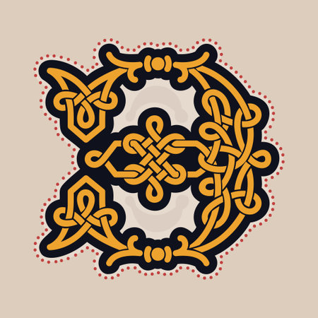 Number three logo with Celtic knots, spiral lines, and red dots. Dim colored medieval initial. Perfect icon for ancient identity, Middle Ages print, barbarian posters, and heraldic monograms.のイラスト素材