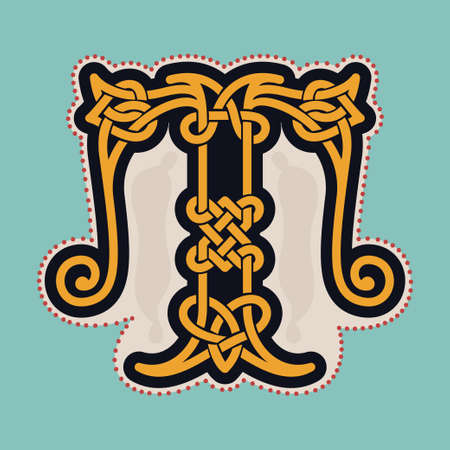 T letter  with Celtic knots, spiral lines, and red dots. Dim colored medieval initial. Perfect icon for ancient identity, Middle Ages print, barbarian posters, and heraldic monograms.のイラスト素材