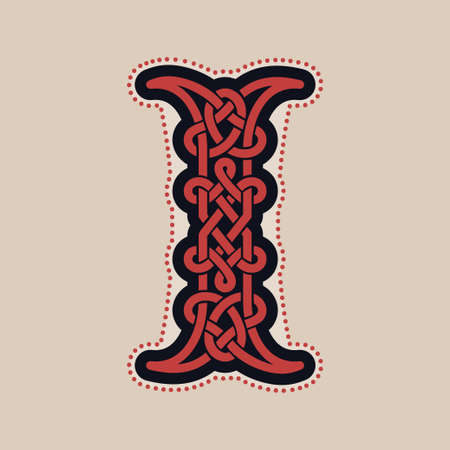 I letter  with Celtic knots, spiral lines, and red dots. Dim colored medieval initial. Perfect icon for ancient identity, Middle Ages print, barbarian posters, and heraldic monograms.のイラスト素材