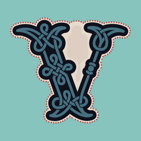 V letter  with Celtic knots, spiral lines, and red dots. Dim colored medieval initial. Perfect icon for ancient identity, Middle Ages print, barbarian posters, and heraldic monograms.のイラスト素材