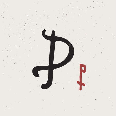 P letter  in Ancient historical style. This icon based on rock art pictograms. Perfect for creating decorative prints, Nordic design, clothing embroidery, wizardry packaging, pagan header, etc.のイラスト素材