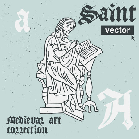 Monk vector engraving style illustration. Medieval art with blackletter calligraphy. Perfect for retro labels, vintage logos, music album covers, circus posters, potions packaging, etc.のイラスト素材