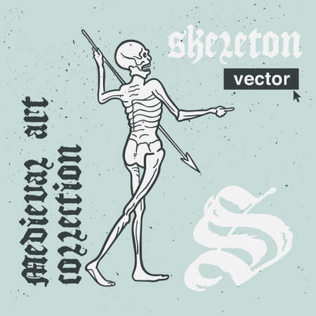 Skeleton vector engraving style illustration. Medieval art with blackletter calligraphy. Perfect for retro labels, vintage, music album covers, circus posters, potions packaging, etc.のイラスト素材