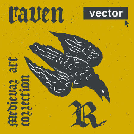 Raven vector engraving style illustration. Medieval art with blackletter calligraphy. Perfect for retro labels, vintage, music album covers, circus posters, potions packaging, etc.のイラスト素材