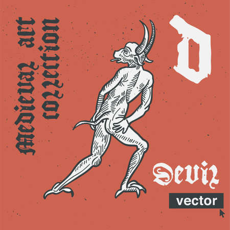 Devil vector engraving style illustration. Medieval art with blackletter calligraphy. Perfect for retro labels, vintage, music album covers, circus posters, potions packaging, etc.のイラスト素材